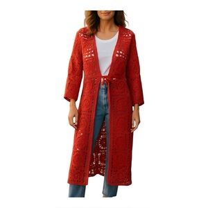 Anthropologie Raj Rust Color Crochet Cardigan Kimono Duster One Size Boho Beach